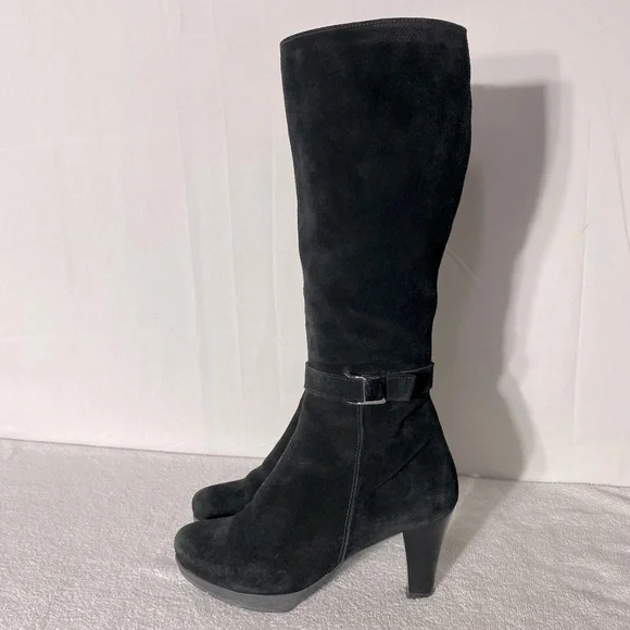 Vintage 90s C La Canadienne Black Suede Round Toe Chunky Heel Knee High Boots 10 - Picture 5 of 14